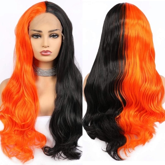 24”ORANGE &BLACK SPLIT DYE BODY WAVY LACEFRONT WIG main image 7